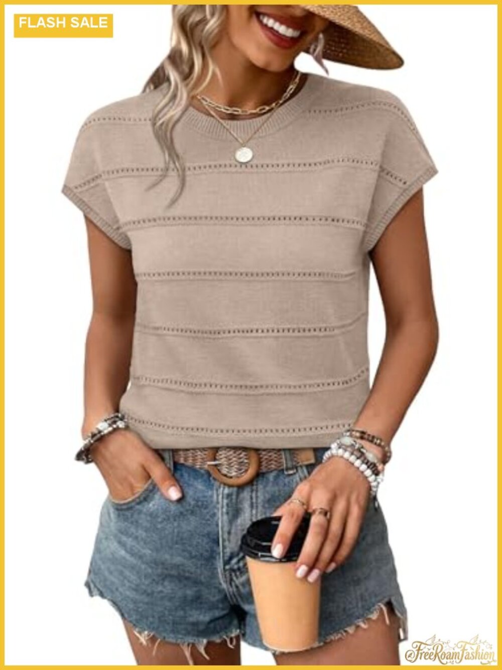 WIHOLL Womens Lightweight Cap Sleeve Hollow Out Knit Sweater Top